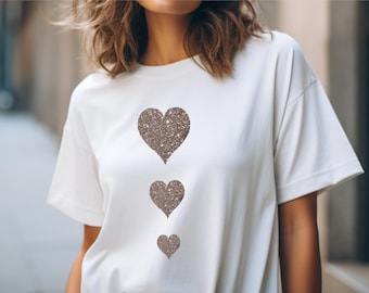 Glitter Heart  T shirt - 3 Silver glitter hearts - Unisex - trending fashion t-shirt top - soft cotton Tee - Valentines Day gift