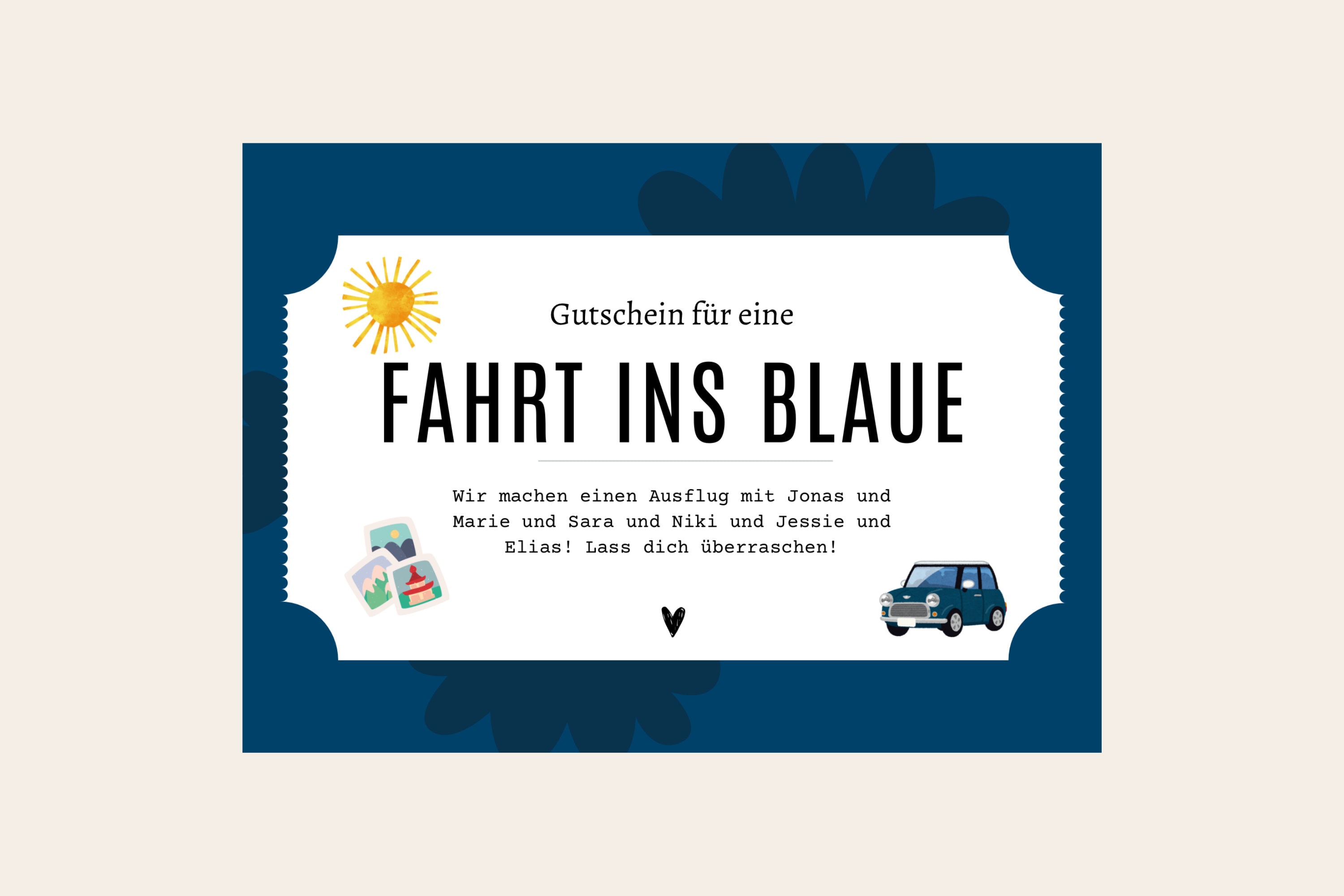 Personalisierter Gutschein für eine Fahrt ins Blaue • Vorlage zum
