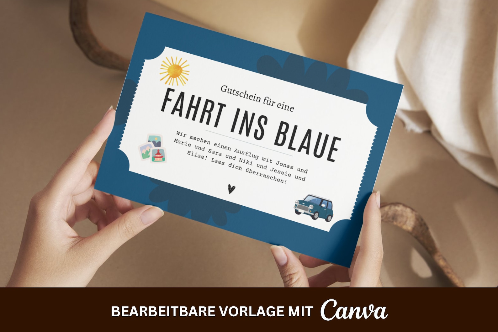 Personalisierter Gutschein für eine Fahrt ins Blaue • Vorlage zum