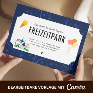 Gepersonaliseerde voucher voor een dagje pretpark • Sjabloon voor afdrukken • Cadeaubon • A6 verjaardagscadeau avonturenpark