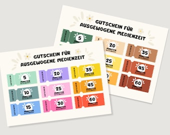 May include: Two printable sheets of colourful coupons for screen time. Each coupon has a different amount of time, ranging from 5 to 60 minutes. The coupons are labelled "Gutschein für ausgewogene Medienzeit", which translates to "Coupon for balanced media time".