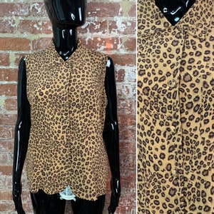 Vintage 90s Leopard Print Silk Sleeveless Top by Allison Taylor - Large