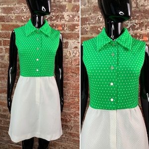 Vintage 70s UNION MADE Green and White Polka Dot DRESS by Bleeker Street
