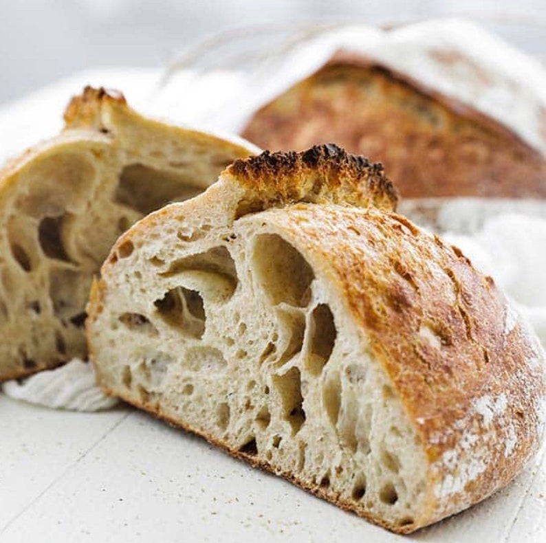 May include: Close-up of sliced artisan bread, showcasing a light tan crust and a porous interior. The bread's texture is highlighted, with large air pockets visible. The image suggests freshly baked, homemade bread, perfect for a bakery or food-related Etsy listing.