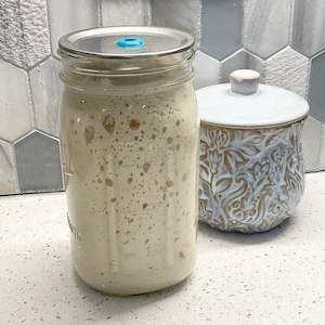 May include: A clear glass jar filled with a bubbly, off-white substance, possibly a sourdough starter. The jar has a metal lid with a blue valve. Beside it is a white and beige ceramic jar with a floral design.