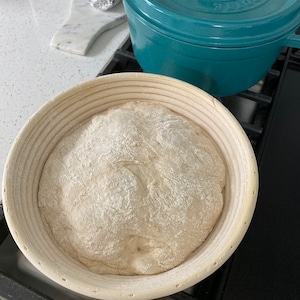 May include: A round, light-colored banneton basket holds a ball of dough dusted with flour, ready for baking. A teal-colored Dutch oven sits nearby. The scene suggests homemade bread baking.