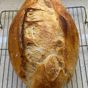 May include: A freshly baked loaf of sourdough bread, golden brown with a crackled crust, rests on a metal cooling rack. The bread's texture is visible, with open air pockets and a slightly charred top, indicating a perfect bake.