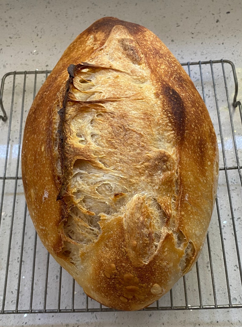 May include: A freshly baked loaf of sourdough bread, golden brown with a crackled crust, rests on a metal cooling rack. The bread's texture is visible, with open air pockets and a slightly charred top, indicating a perfect bake.