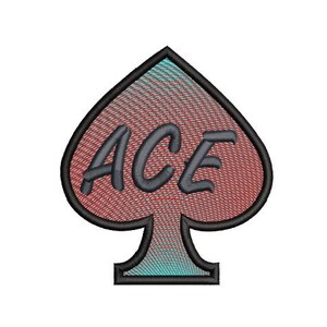 May include: A red and blue ombre spade with the word "ACE" in black text.