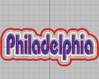 May include: Embroidered patch with the word "Philadelphia" in blue lettering with a white outline and a red outline. The patch has a wavy, cloud-like shape.
