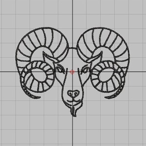 Puede incluir: Dibujo en blanco y negro de la cabeza de un carnero con grandes cuernos rizados.