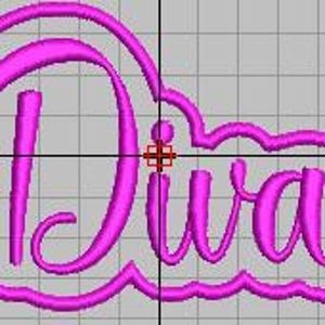 May include: Pink cursive font embroidery design of the word "Diva" with a decorative outline.