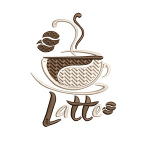 以下が含まれることがあります： コーヒーカップと、そこから立ち上る蒸気、コーヒー豆、そして茶色の文字で書かれた「Latte」という単語のスタイリッシュなイラストです。