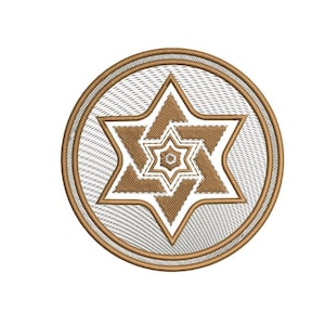 Può includere: Una stella di David marrone e bianca con un design circolare. La stella è circondata da un cerchio bianco con un bordo marrone.