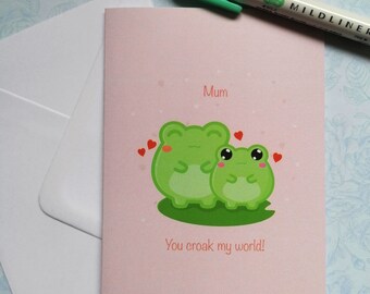 Cute Mothers day card, frog birthday card for mum, A6 Greeting Card, Card and envelope, Birthday card for her