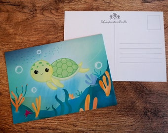 Jolies cartes postales, impression tortue de mer, carte sous la mer, carte postale A6, postcrossing, papeterie correspondant