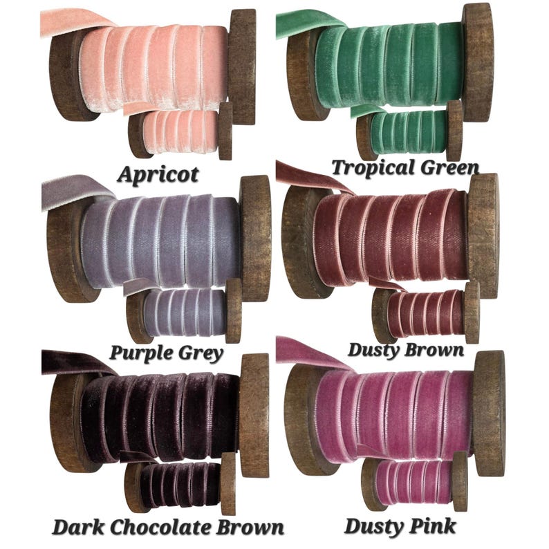May include: Six pairs of wooden spools wrapped with velvet ribbon in various colours including apricot, tropical green, purple grey, dusty brown, dark chocolate brown, and dusty pink. Each set features one large and one small spool of ribbon.