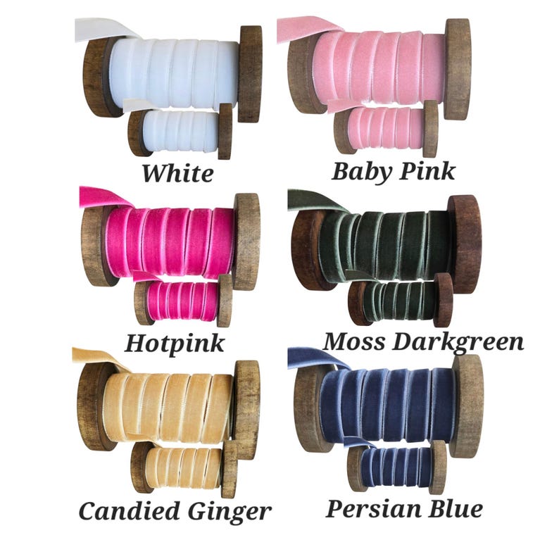 May include: Six sets of velvet ribbon spools in white, baby pink, hot pink, moss darkgreen, candied ginger, and persian blue. Each set includes one large and one small wooden spool wrapped with coloured velvet ribbon, labelled with the colour name.