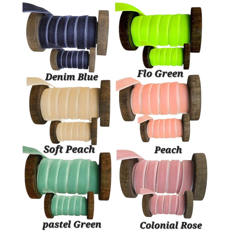 May include: Six pairs of velvet ribbon spools in denim blue, flo green, soft peach, peach, pastel green, and colonial rose. Each set includes one large and one small wooden spool wrapped with solid-coloured velvet ribbon, labelled with their respective colour names.