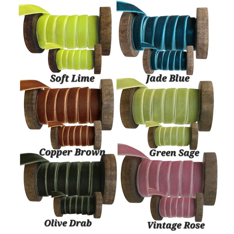 May include: Six pairs of wooden spools wrapped with velvet ribbon in various colours labelled Soft Lime, Jade Blue, Copper Brown, Green Sage, Olive Drab, and Vintage Rose. Each set includes one large and one small spool of the same colour ribbon.