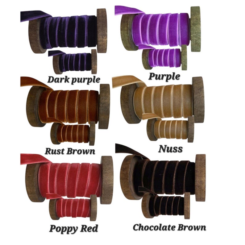 May include: Six pairs of velvet ribbon spools in dark purple, purple, rust brown, nuss, poppy red, and chocolate brown. Each set includes one large and one small wooden spool wrapped with coloured velvet ribbon. Text labels identify each colour.