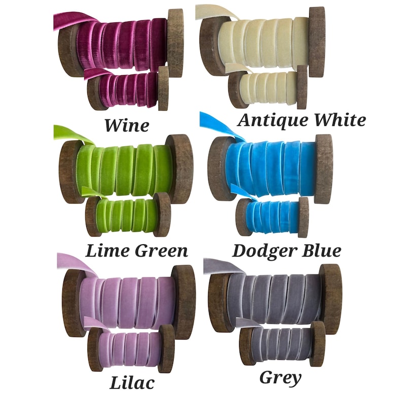 May include: Six pairs of velvet ribbon spools in wine, antique white, lime green, dodger blue, lilac, and grey. Each set includes one large and one small wooden spool wrapped with coloured velvet ribbon. Text labels identify each colour.