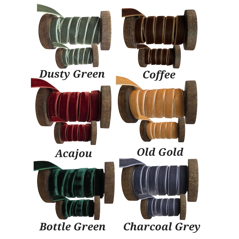 May include: Six pairs of velvet ribbon spools in Dusty Green, Coffee, Acajou, Old Gold, Bottle Green, and Charcoal Grey. Each set features one large and one small wooden spool wrapped with textured velvet ribbon, labelled with their respective colour names.