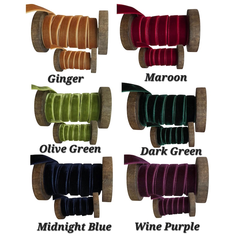 May include: Six pairs of velvet ribbon spools in ginger, maroon, olive green, dark green, midnight blue, and wine purple. Each set includes one large and one small wooden spool wrapped with coloured velvet ribbon, labelled with their respective colour names.