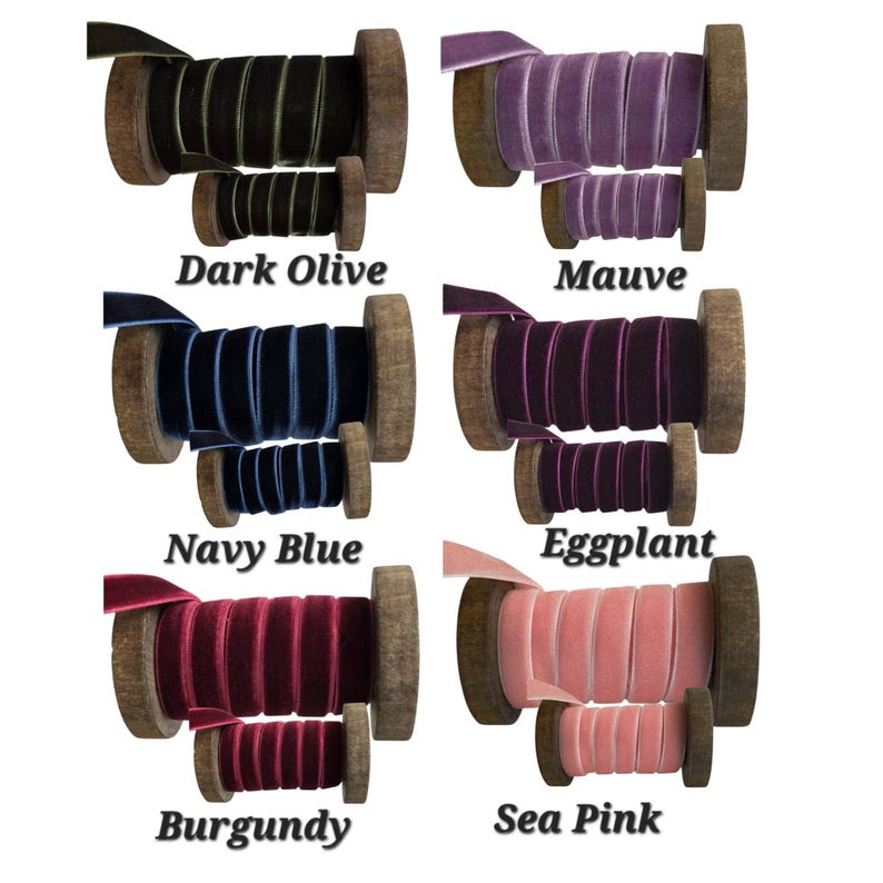 May include: Six pairs of velvet ribbon spools in dark olive, mauve, navy blue, eggplant, burgundy, and sea pink. Each set includes one large and one small wooden spool wrapped with solid coloured velvet ribbon, labelled with the colour name below.