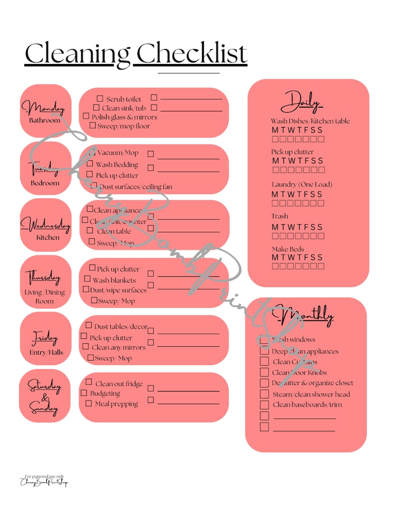 Weekly Daily Monthly Cleaning Schedule Instant Download Printable ...