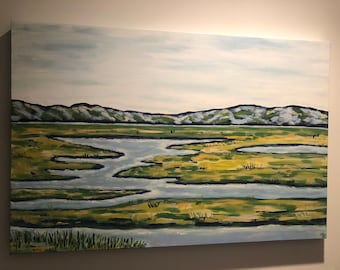 Landscape, painting, original artwork, beach house, decor for home, office, art Water Marsh Landscape Painting gift mom home decor mountain