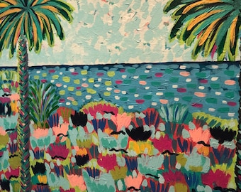 Arte abstrata, paisagem, pintura para casa de praia, decoração para casa e escritório, arte colorida, obra de arte original, palmeira, estilo preppy para casa de praia.