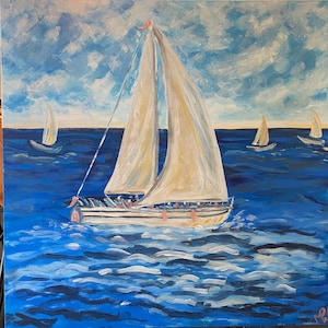 Sailboat Painting Beach Ocean Art For Home Decor Landscape Painting Boat Sea Acrylic Handmade Original Art Framed Painting Local Print