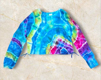 Ice Dyed Rainbow Cropped Sweatshirt: Upcycled Geode Tie Dye, Women's M