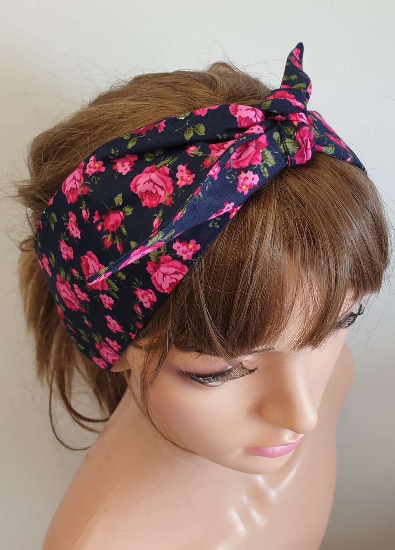 Women headband self tie retro head scarf navy floral head Etsy