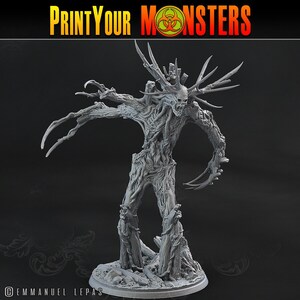 May include: A gray, 3D-printed monster figurine with a skeletal head and tree-like body. The figure has long, claw-like arms and is standing on a circular base. The text "PrintYourMonsters" is at the top.