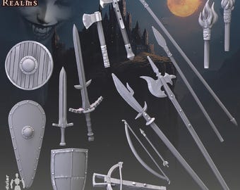 May include: A collection of medieval weapons, including swords, shields, axes, spears, a bow and arrow, and a crossbow. The image features a dark background with a castle and a full moon. The text "MEDIEVAL WEAPONS" is at the bottom.
