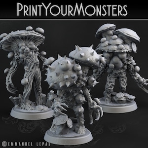 May include: Three 3D printed miniature mushroom monsters. The first monster is tall and slender with a large mushroom cap and many smaller mushrooms growing from its body. The second monster is squat and spiky with a large mushroom cap and many smaller mushrooms growing from its body. The third monster is tall and slender with a large mushroom cap and many smaller mushrooms growing from its body. The monsters are all painted in a gray color.
