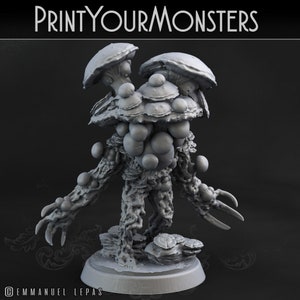 May include: A gray 3D printed miniature of a mushroom monster with a large mushroom cap and multiple smaller mushrooms growing from its body. The monster has a textured surface and appears to be made of a resin material.