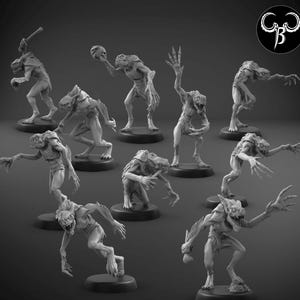 May include: A set of ten grey, detailed miniature figures of humanoid creatures with reptilian features. The figures are posed in various dynamic stances, some holding weapons or objects.