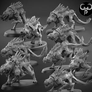 May include: A set of nine detailed, gray, miniature, fantasy creature figurines. The creatures are all in a crouching or standing pose, with sharp teeth and claws. They have a reptilian appearance with scales and spikes.