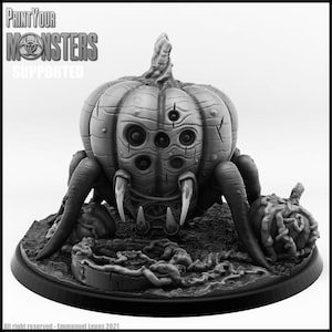Puede incluir: Un modelo impreso en 3D de un monstruo con forma de calabaza con múltiples ojos y patas de araña. El modelo está impreso en gris y es compatible con la impresión 3D. El texto "Print Your Monsters Supported" es visible en la esquina superior izquierda de la imagen.