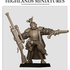 Puede incluir: Una figura miniatura detallada de un soldado steampunk, que lleva un casco con un diseño de engranaje, sosteniendo un rifle grande y una pistola. La figura está pintada en tonos marrones y grises.