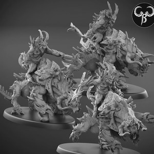 May include: A grayscale image presents detailed fantasy miniatures of monstrous creatures ridden by armored figures. The figures are posed dynamically, with intricate armor and weaponry. The miniatures are on oval bases, suggesting a tabletop game theme.