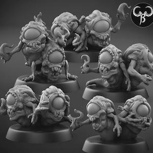 May include: A collection of gray, stylized monster figurines with large, single eyes and menacing expressions. Each creature has multiple limbs and is posed on a small, round base. The overall theme suggests fantasy or horror.