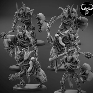 May include: Five detailed skeletal figures with horns and bony armor, holding weapons and shields, posed in a dynamic fighting stance.  These miniature figures are made of gray plastic and are ready for tabletop gaming.