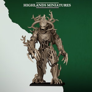 May include: A detailed miniature figure of a tree-like creature with a skeletal appearance. The figure is primarily brown with intricate wooden textures, sharp claws, and a menacing expression. The base is black, and the text "HIGHLANDS MINIATURES" is at the top.