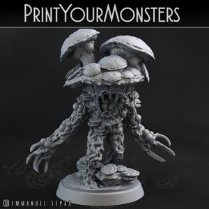 May include: A gray 3D printed miniature of a mushroom monster with a large head and multiple mushroom caps. The monster has a toothy mouth and long, spindly arms with clawed hands. The miniature is standing on a round base.
