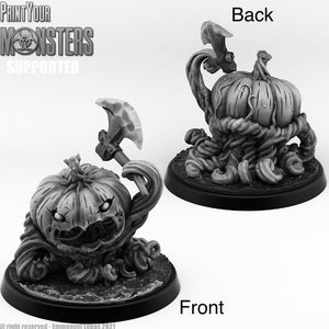 May include: A 3D printed miniature of a pumpkin creature holding an axe. The pumpkin has a menacing expression and is covered in vines. The miniature is printed in gray plastic and is ready to be painted.