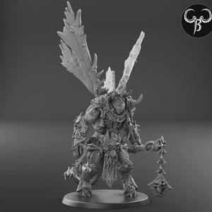 May include: A detailed figurine of a monstrous creature with large, ornate wings and horns. The figure is heavily armored and holds a spiked weapon. The design features intricate details and textures, with a dark, imposing aesthetic.